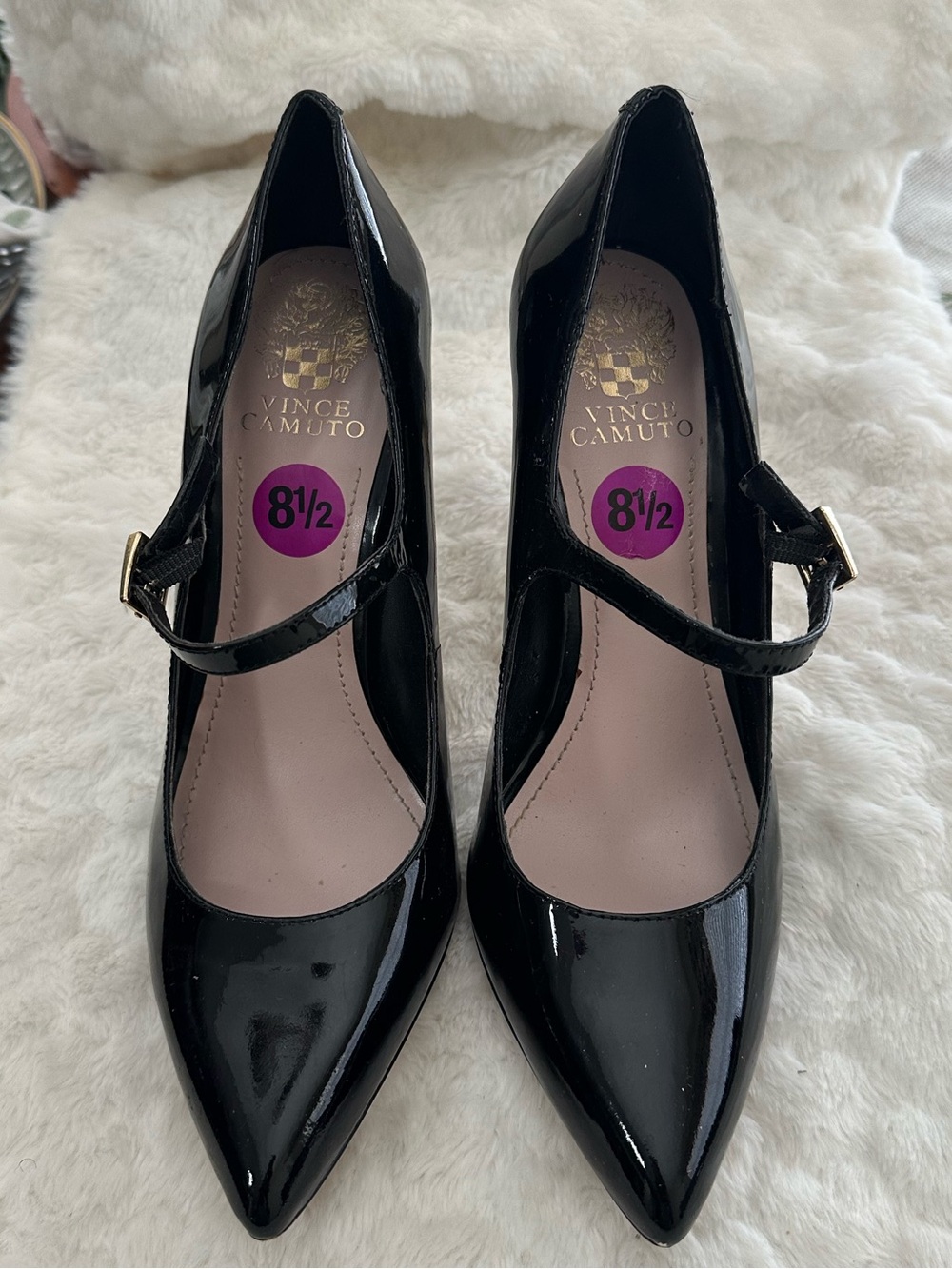 Vince Camuto Black Patent Mary Jane Pointed Pumps with Buckle